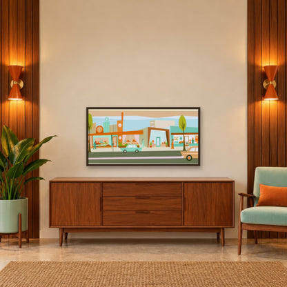 Retro Storefronts with Tall Sign Pylons mid-century modern wall art in an entryway