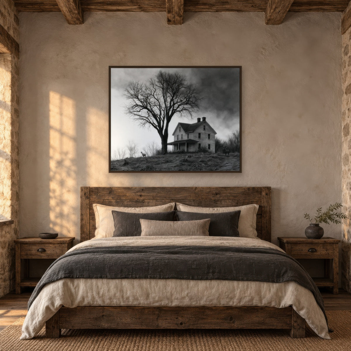 Stormy Hilltop Farmhouse wall art in a bedroom