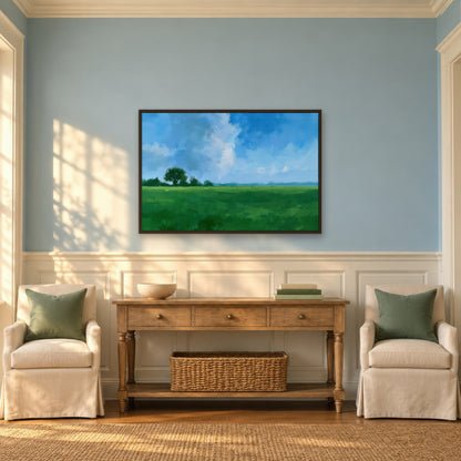 Open Green Meadow impressionist wall art in an entryway