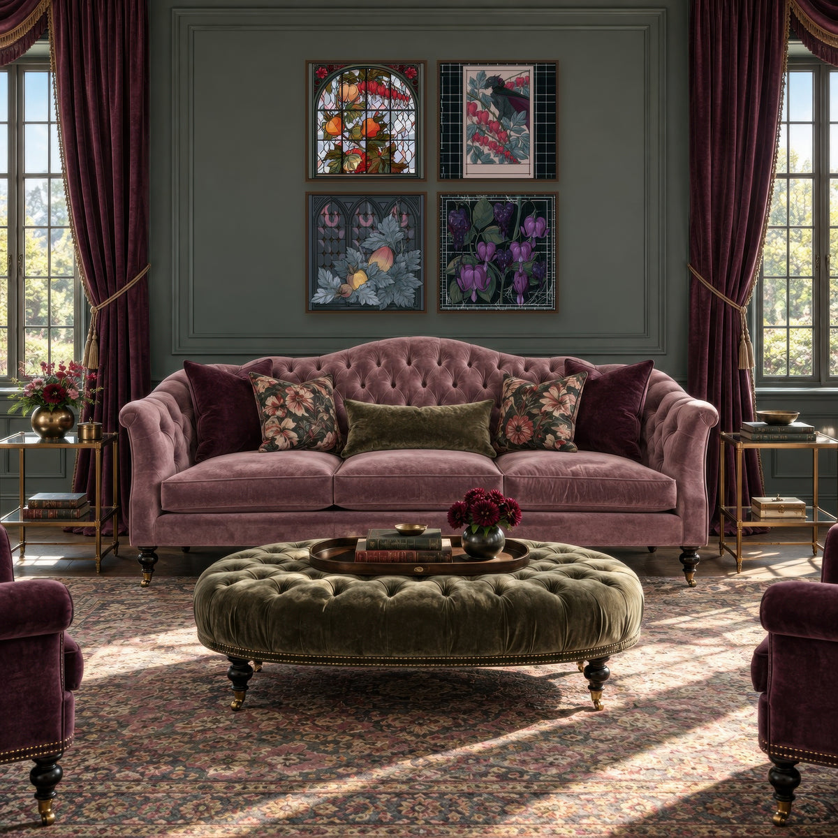 Four-Panel Bleeding Heart Illustration Set vamp romantic wall art in a living room