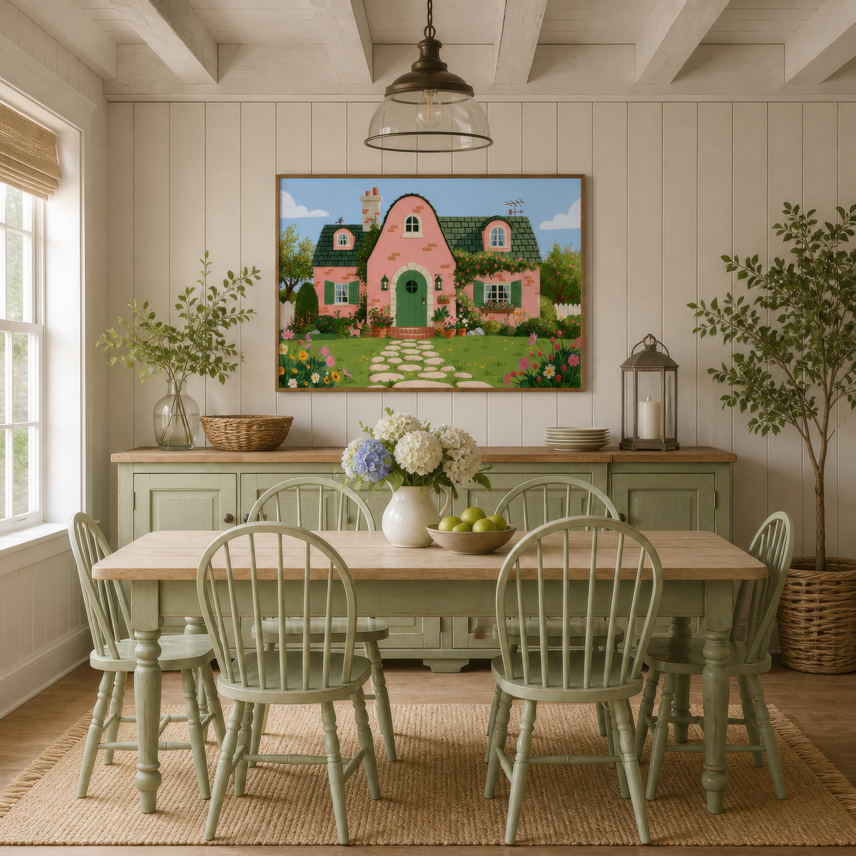 Pink cottage garden above a sage dining table and spindle chairs on a white shiplap wall