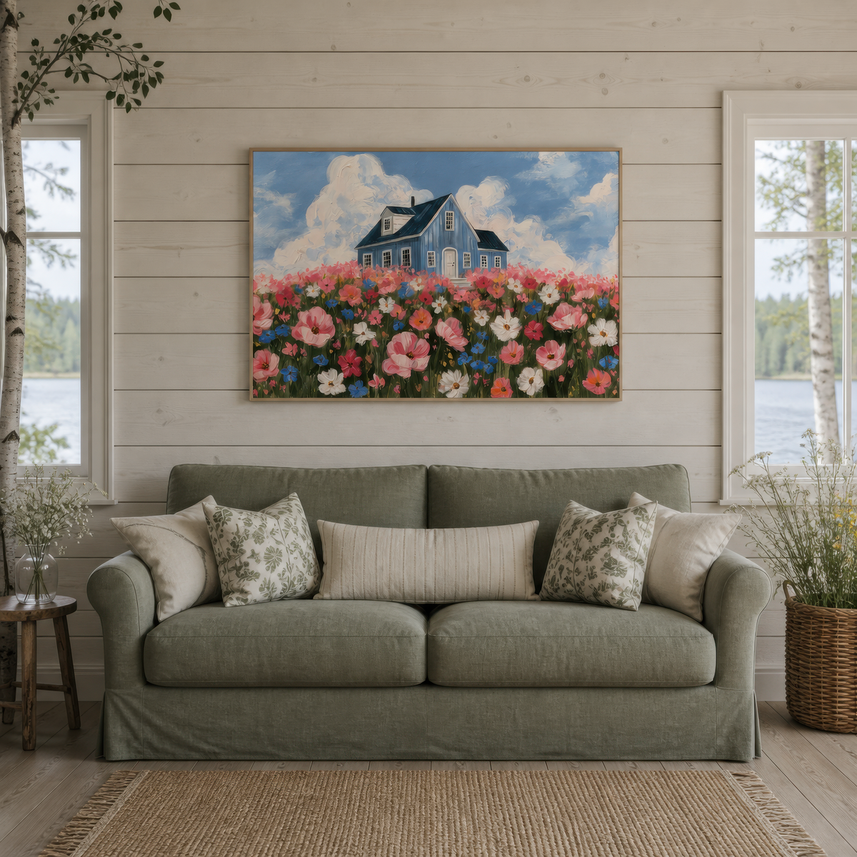 Cosmos field cottage above a sage green sofa on a white shiplap wall with lake view windows