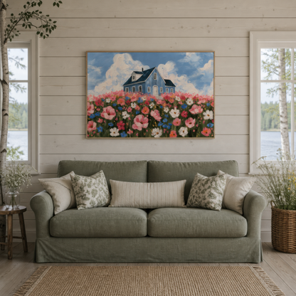 Cosmos field cottage above a sage green sofa on a white shiplap wall with lake view windows