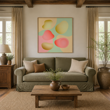 Soft pastel blooms above a sage green sofa with a wood coffee table and curtains