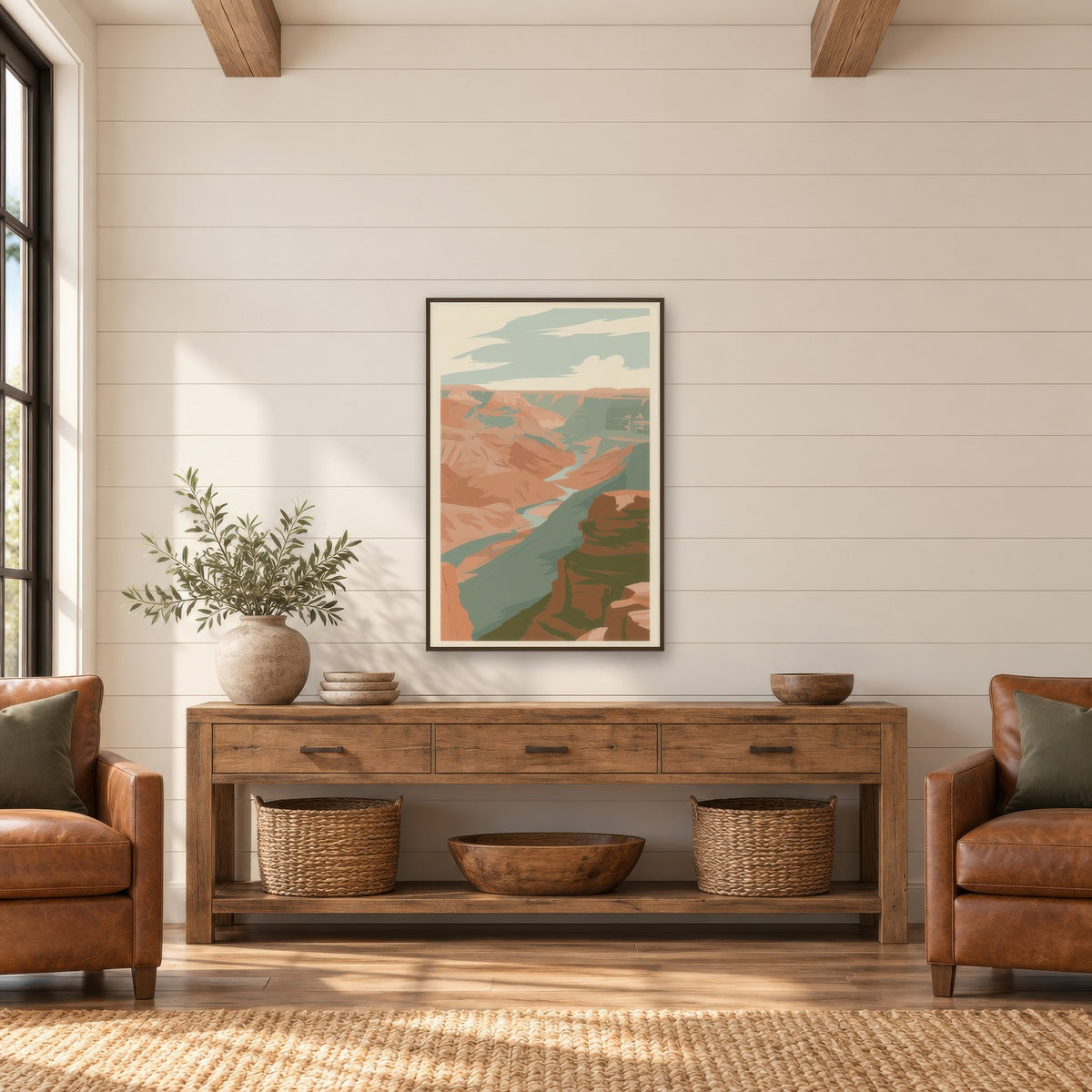 Wide Canyon Vista with a Pale River landscape wall art in an entryway