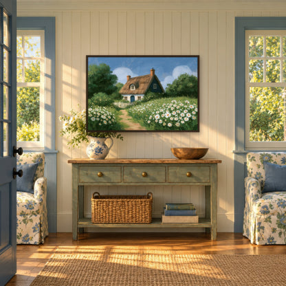 Thatched Blue Cottage cottagecore wall art in an entryway