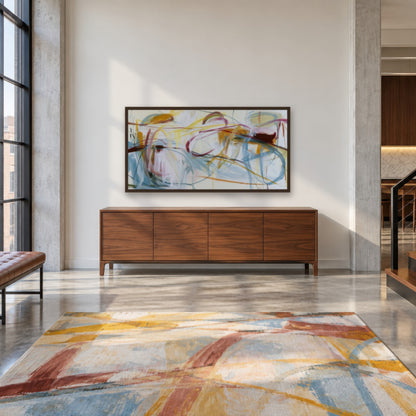 Mustard and Burgundy Loops Abstract wall art in an entryway