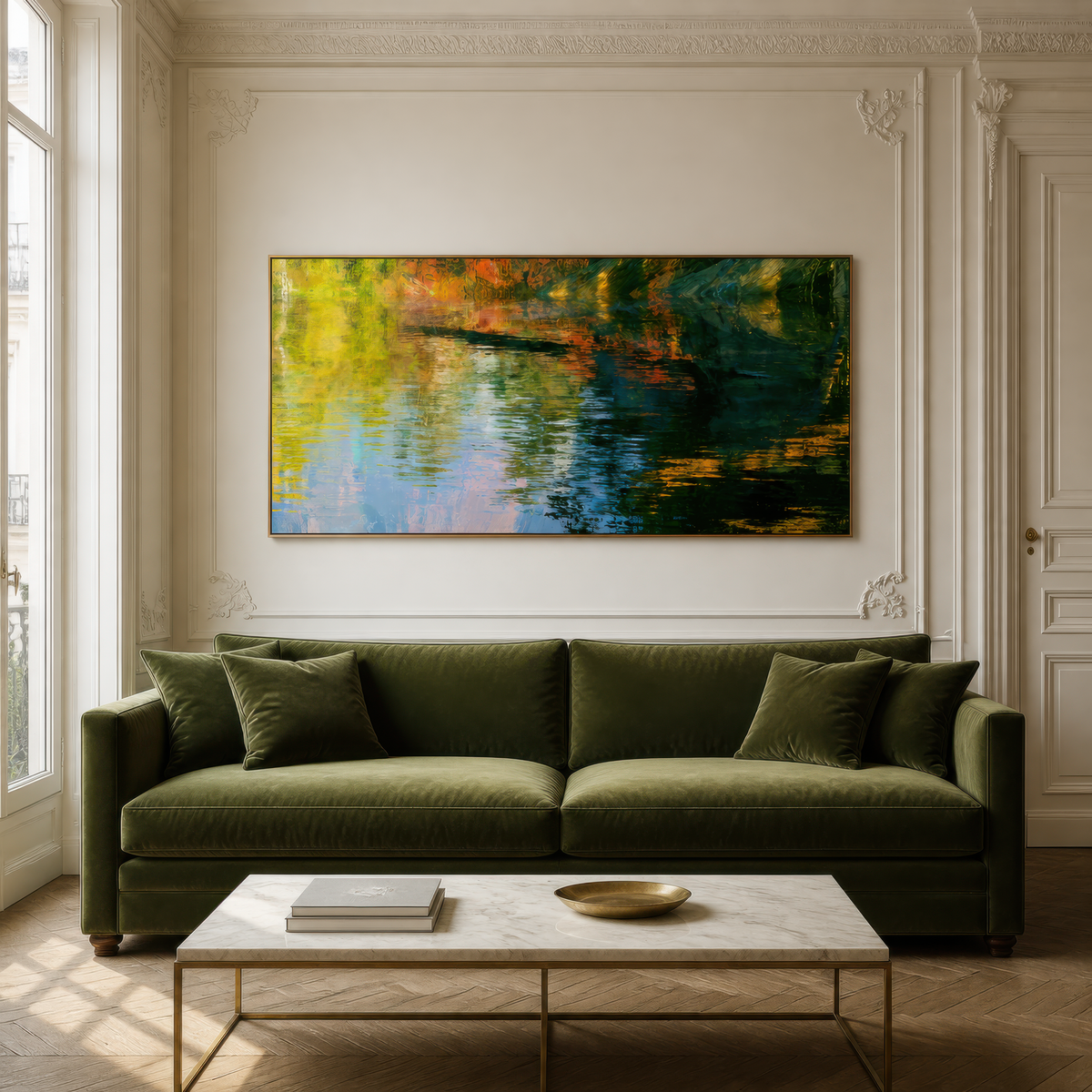 Golden autumn reflections panorama above an olive green sofa on a white plaster wall with a marble table
