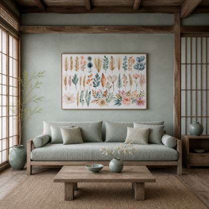 Pressed botanical chart above a sage sofa in a pale green room with shoji screens