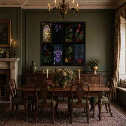 Eight-Panel Gothic Stained Glass Illustration wall art print, alternate room view