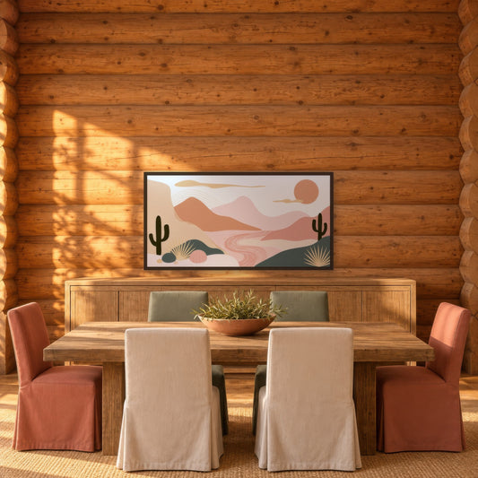 Desert Sunset Illustration landscape wall art in a dining room