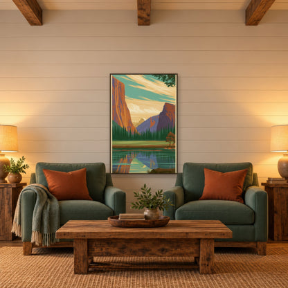 Yosemite Valley Retro Poster landscape wall art in a den
