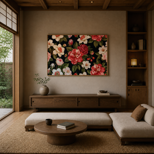 Pink Camellia Pattern on Black wall art print, alternate room view