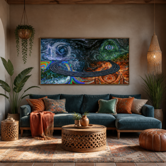 Feel good fractal above a teal sofa with rust and green pillows and hanging plants