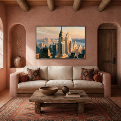 Golden skyline spire above a cream sofa with rust pillows on a terracotta wall with a Persian rug