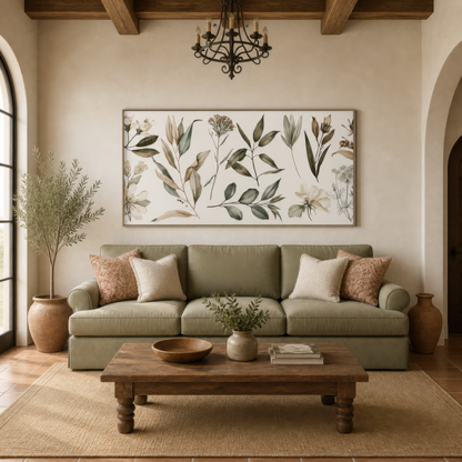 Sage Green Botanical Sprig Print wall art print staged in a room