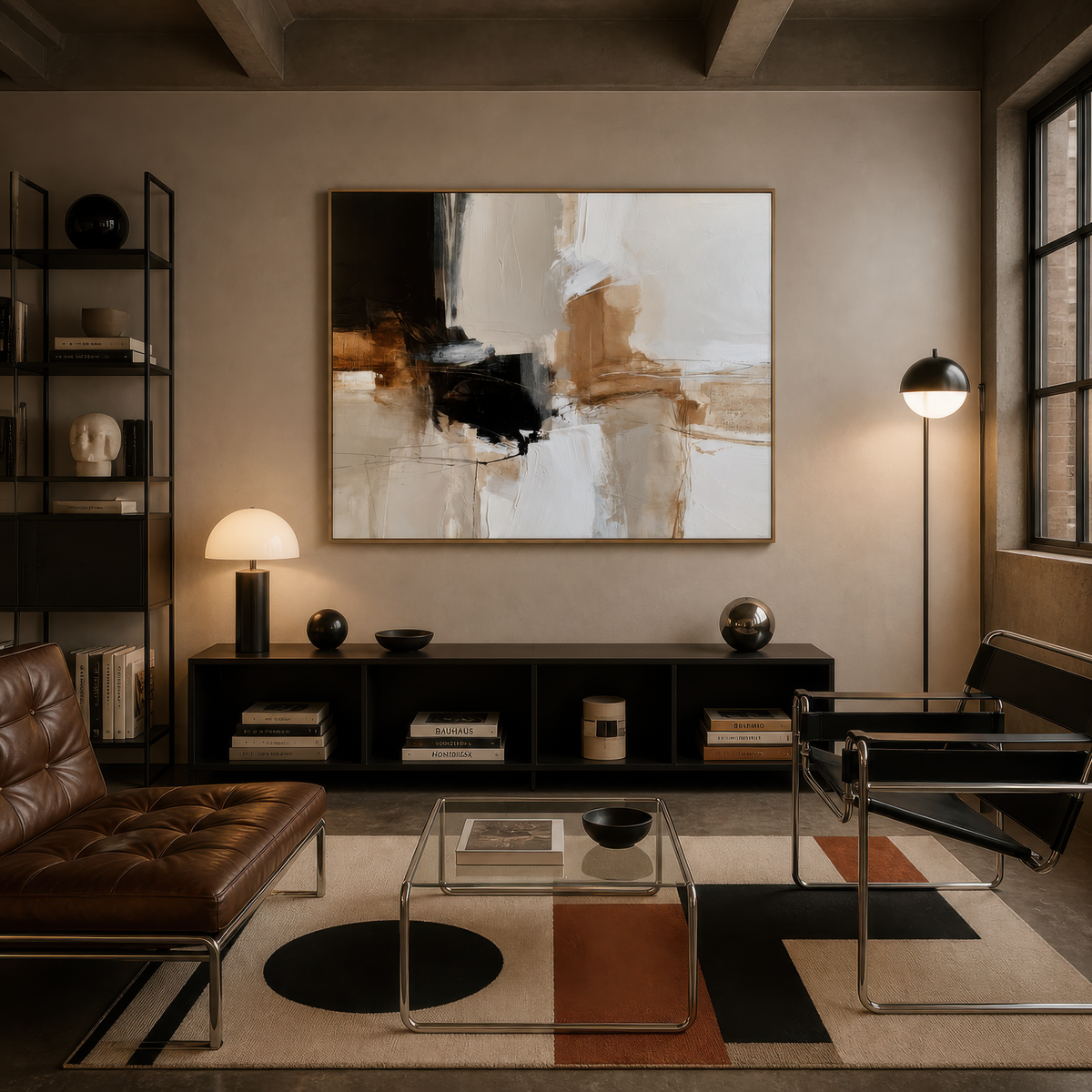 Large black and beige abstract artwork above a low black cabinet in a home office with a leather chair