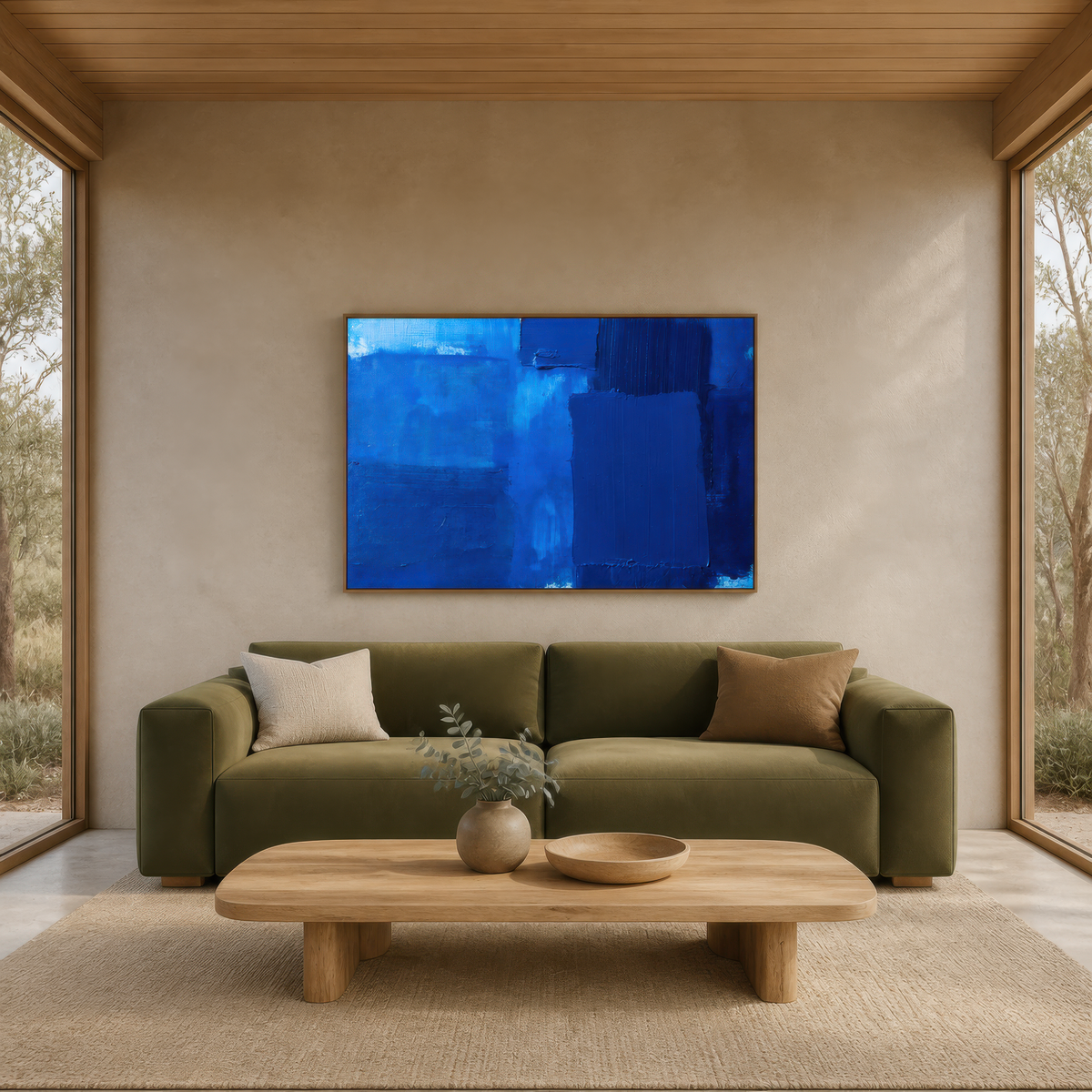 Large cobalt and navy blue abstract artwork above an olive green sofa in a living room
