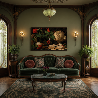 Leatherbound hour above an ornate green velvet sofa with red pillows and brass sconces