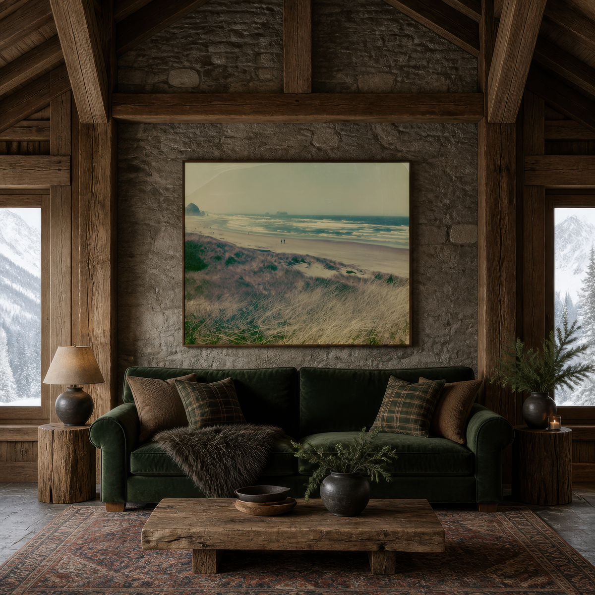 Vintage dune grass coastline above a green velvet sofa on a rough stone timber wall