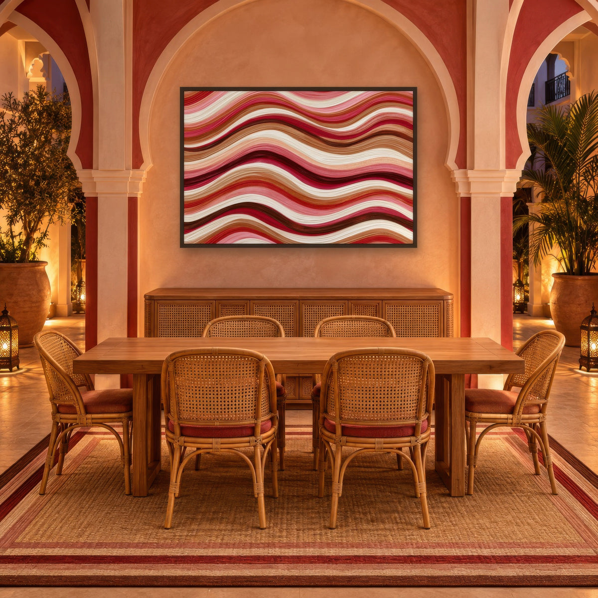 Wave Bands in Dusty Rose boho wall art in a dining room