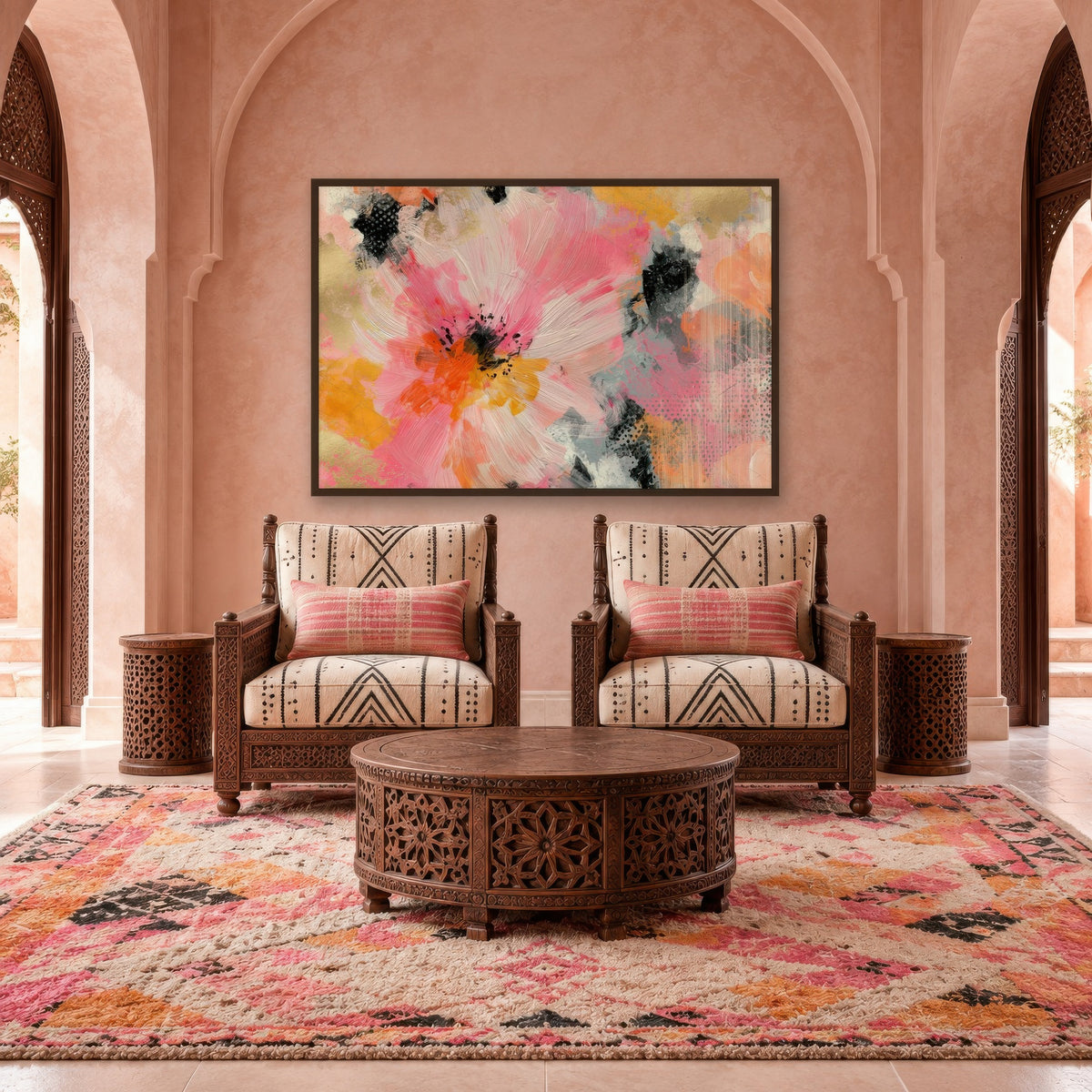 Pink and Gold Abstract Bloom boho wall art in a den