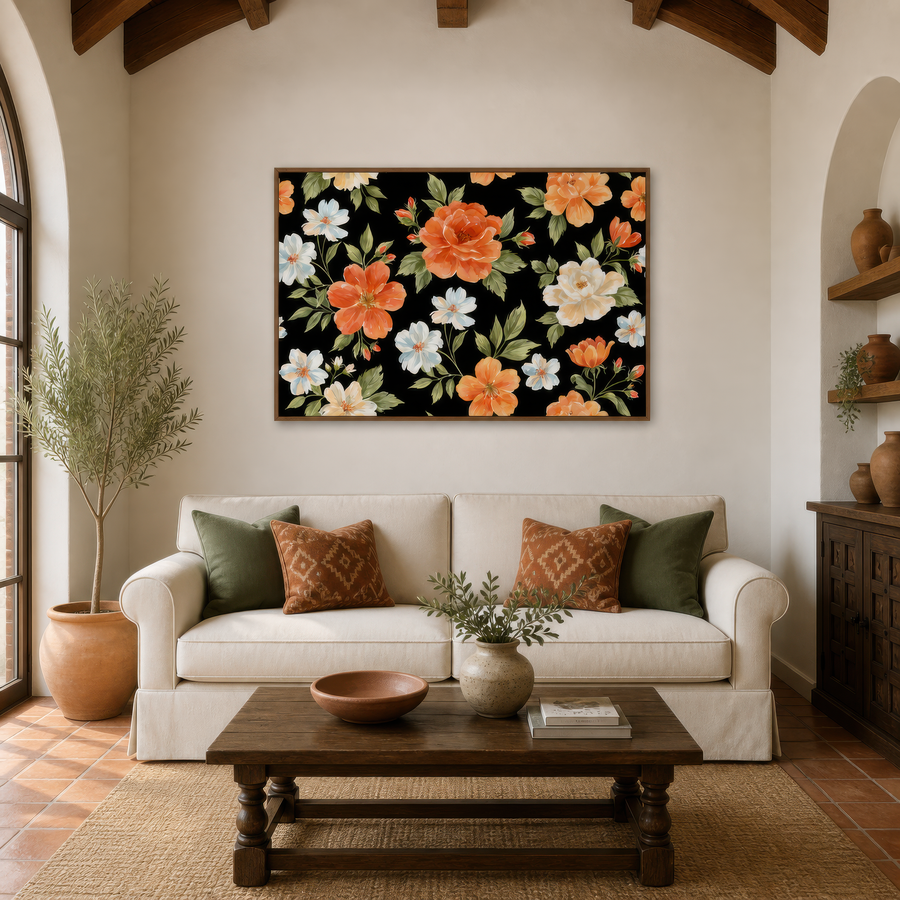 Orange Floral Pattern on Black – Watercolor Floral Wall Art