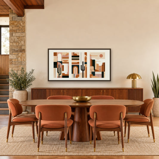 Abstract Desert Triptych with Cacti mid-century modern wall art in a dining room