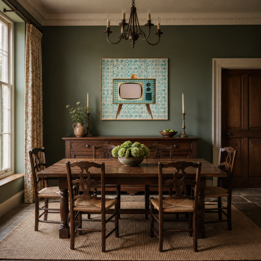 Retro TV wall art above a wooden sideboard in a green-walled dining room