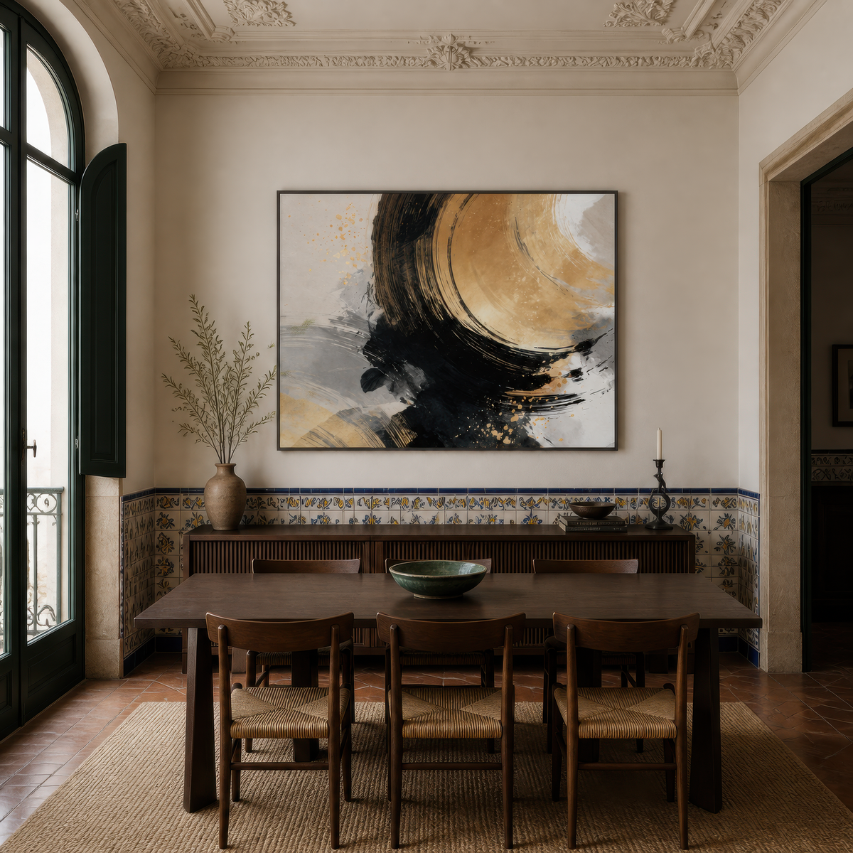 Gold and black ensō abstract above a wood dining table with spindle chairs and a sideboard