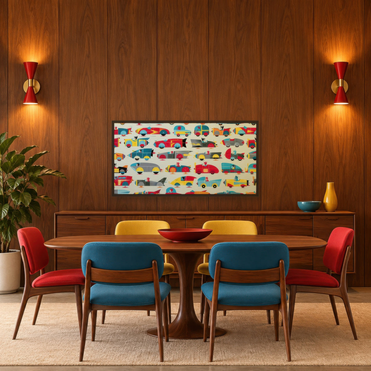 Colorful Toy Car Grid mid-century modern wall art in a dining room