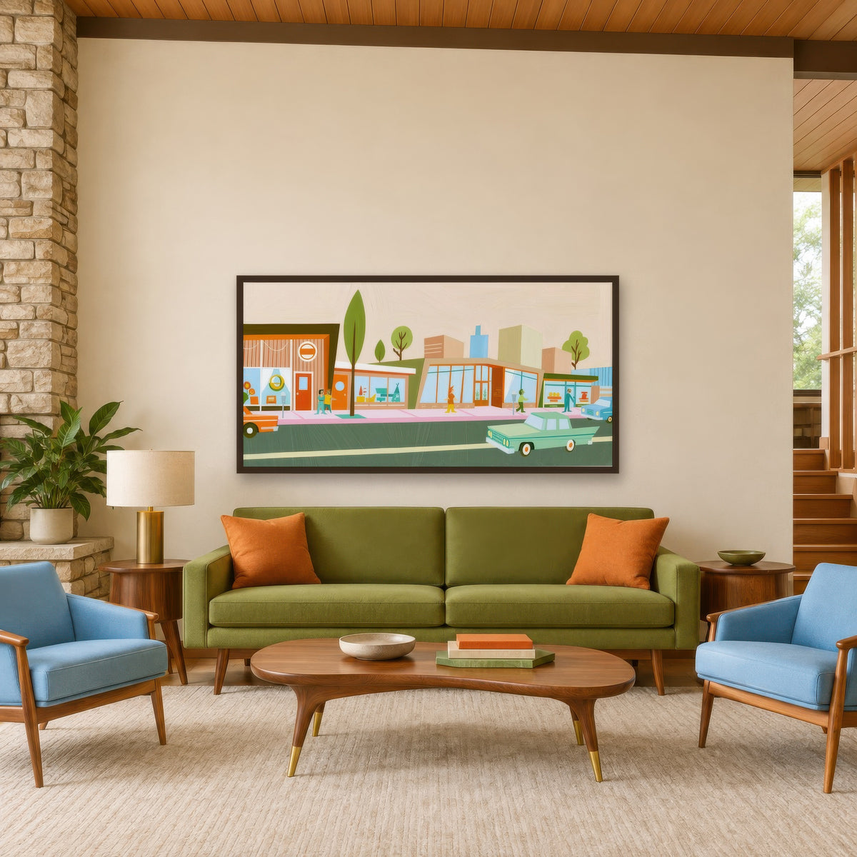 Retro Shops Along a Pink Sidewalk mid-century modern wall art in a living room