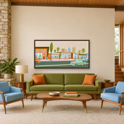 Retro Shops Along a Pink Sidewalk mid-century modern wall art in a living room