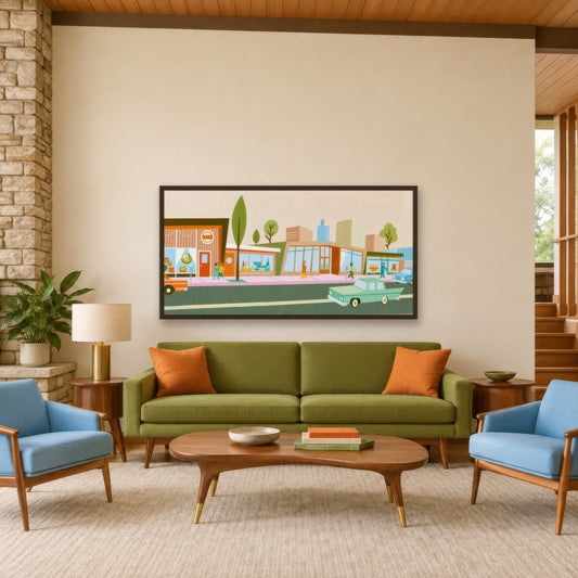 Retro Shops Along a Pink Sidewalk mid-century modern wall art in a living room