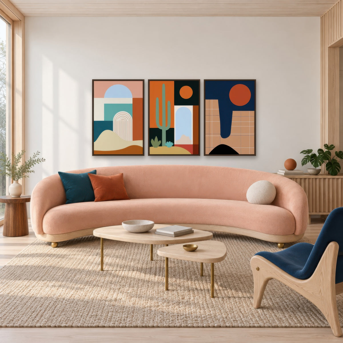 Abstract Arch and Dune Illustration mid-century modern wall art in a living room