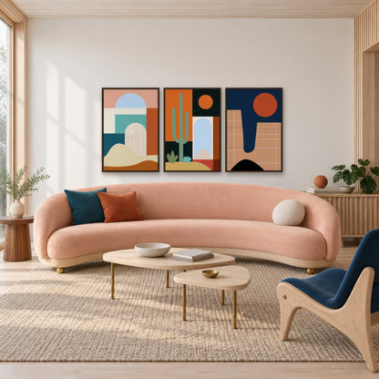 Abstract Arch and Dune Illustration mid-century modern wall art in a living room