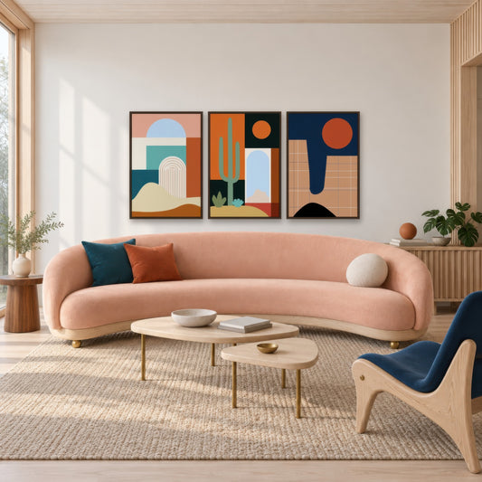 Abstract Arch and Dune Illustration mid-century modern wall art in a living room