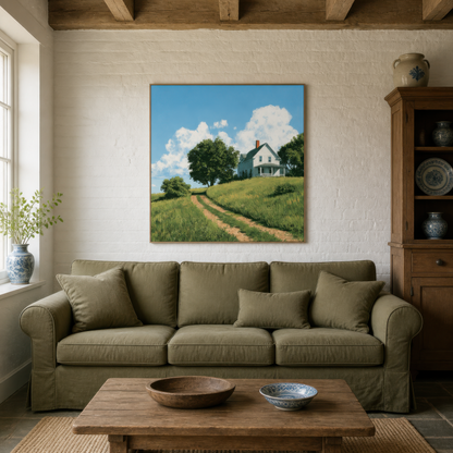 Green hillside farmhouse above an olive green sofa with a wood table and a glazed cabinet