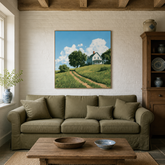 Green hillside farmhouse above an olive green sofa with a wood table and a glazed cabinet
