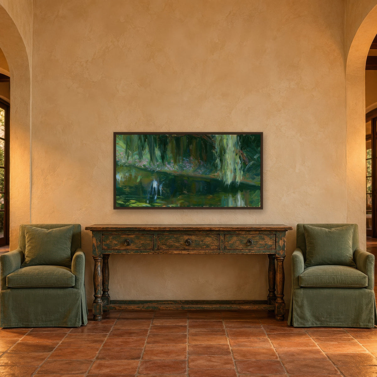 Shaded Willow Pond in Deep Green impressionist wall art in an entryway