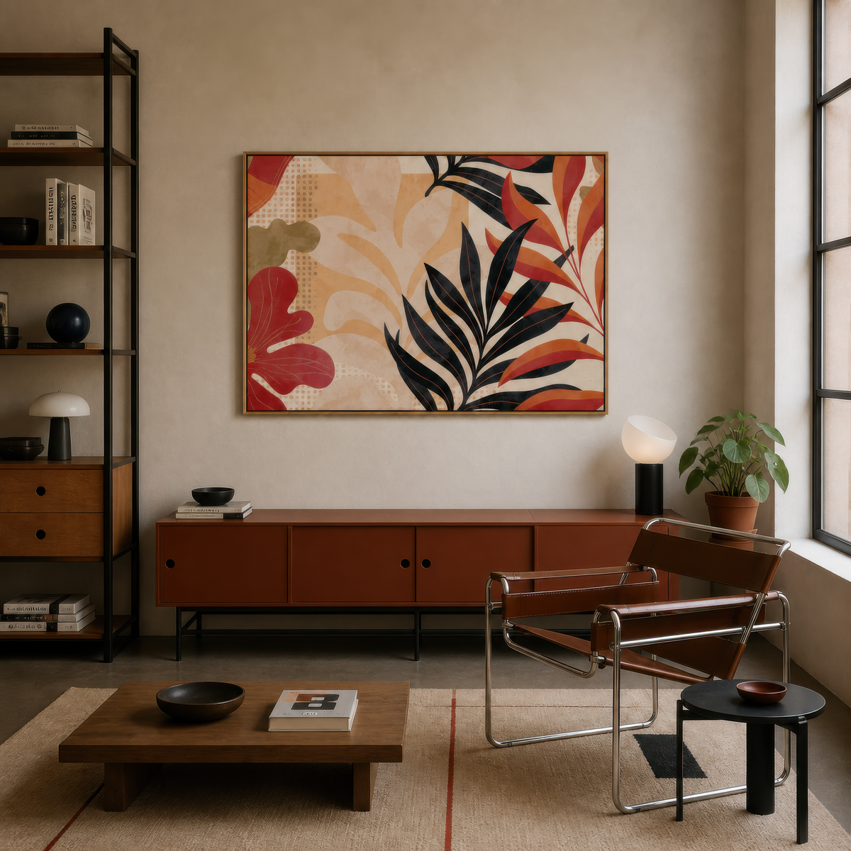 Black and rust leaf artwork above a rust credenza with a leather sling chair and bookshelves