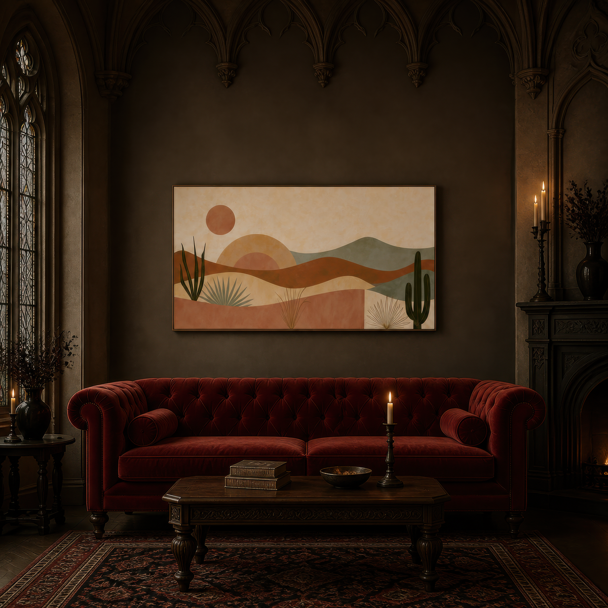 Desert sunrise with cacti above a red velvet chesterfield in a dark panelled room