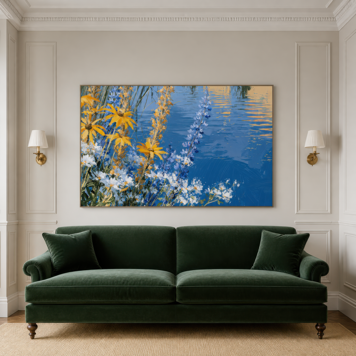 Wildflowers by the water above a dark green sofa on a white panelled wall with brass sconces