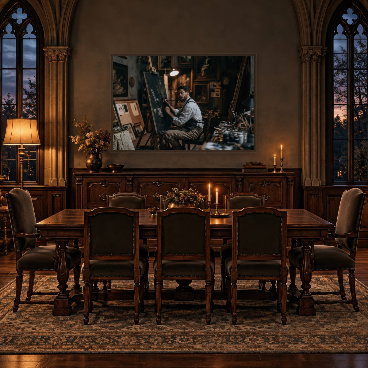 Artist in the Lamplit Studio dark academia wall art in a dining room