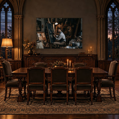 Artist in the Lamplit Studio dark academia wall art in a dining room