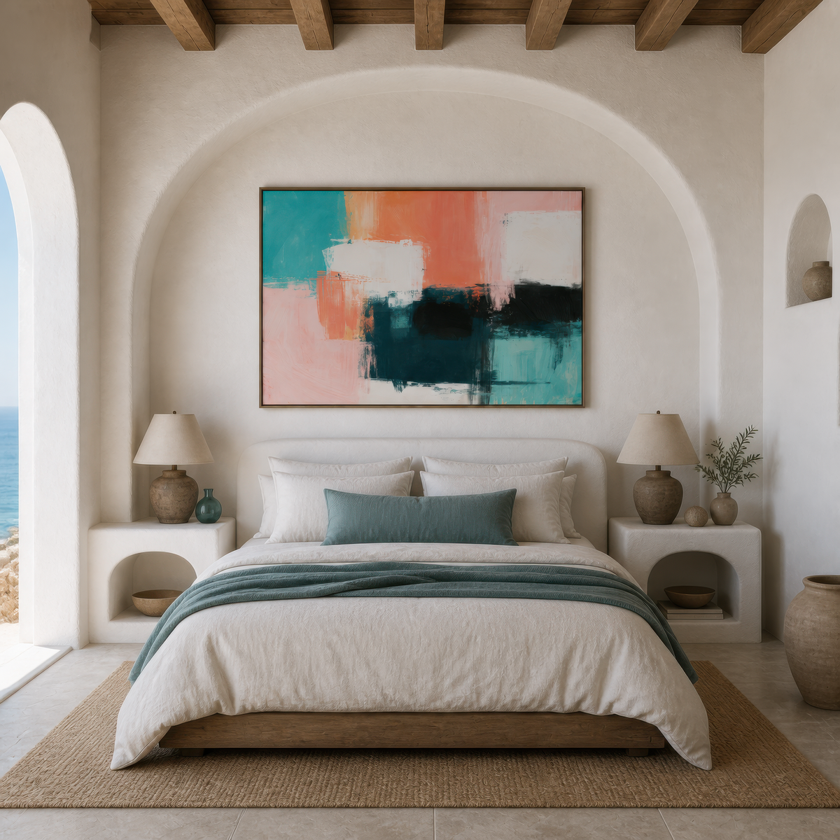 Large teal, coral and blush pink abstract artwork above a bed in a white arched alcove