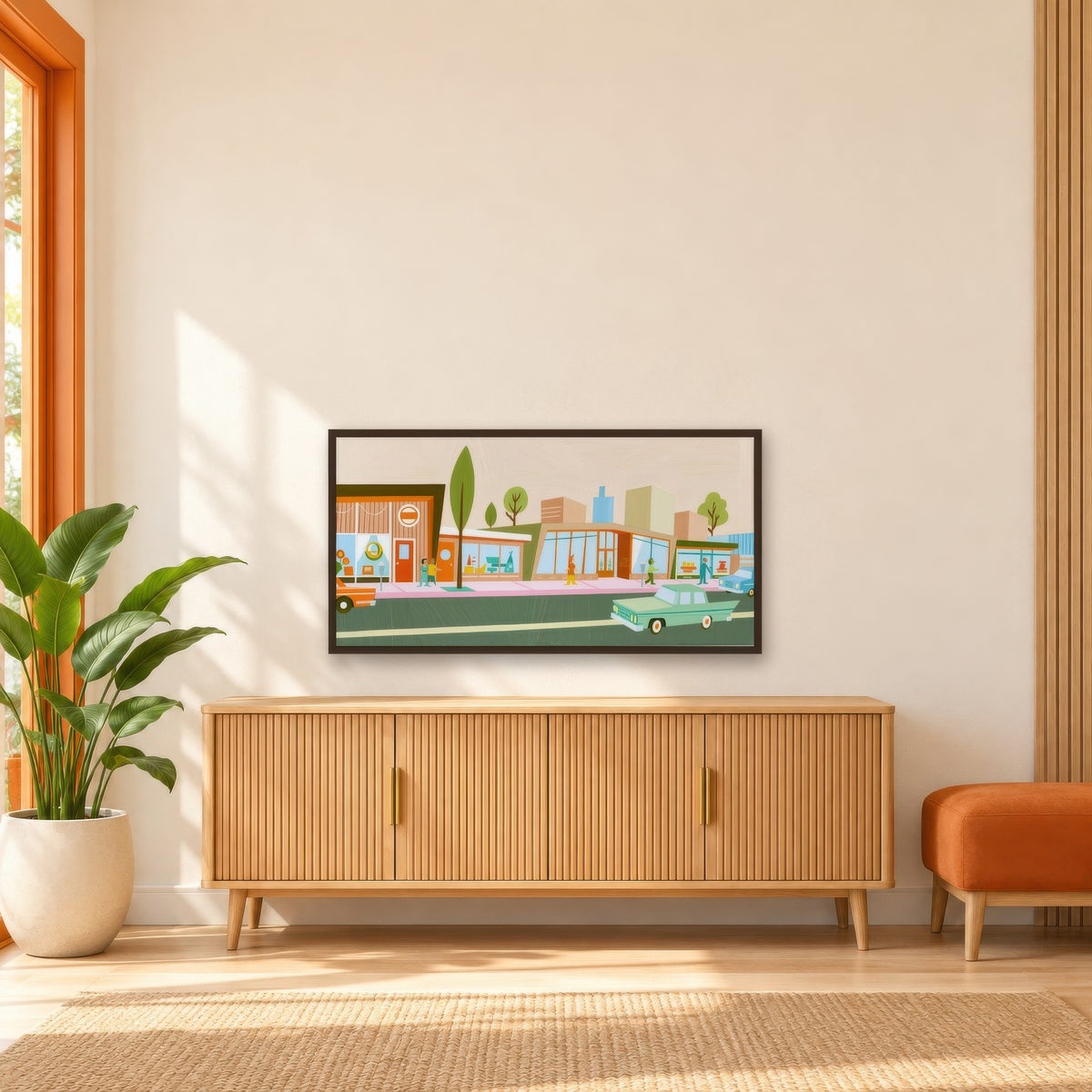 Retro Shops Along a Pink Sidewalk mid-century modern wall art in an entryway