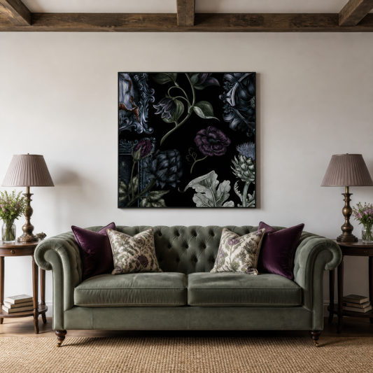 Plum Rose and Silver Scrollwork Floral wall art print staged in a room