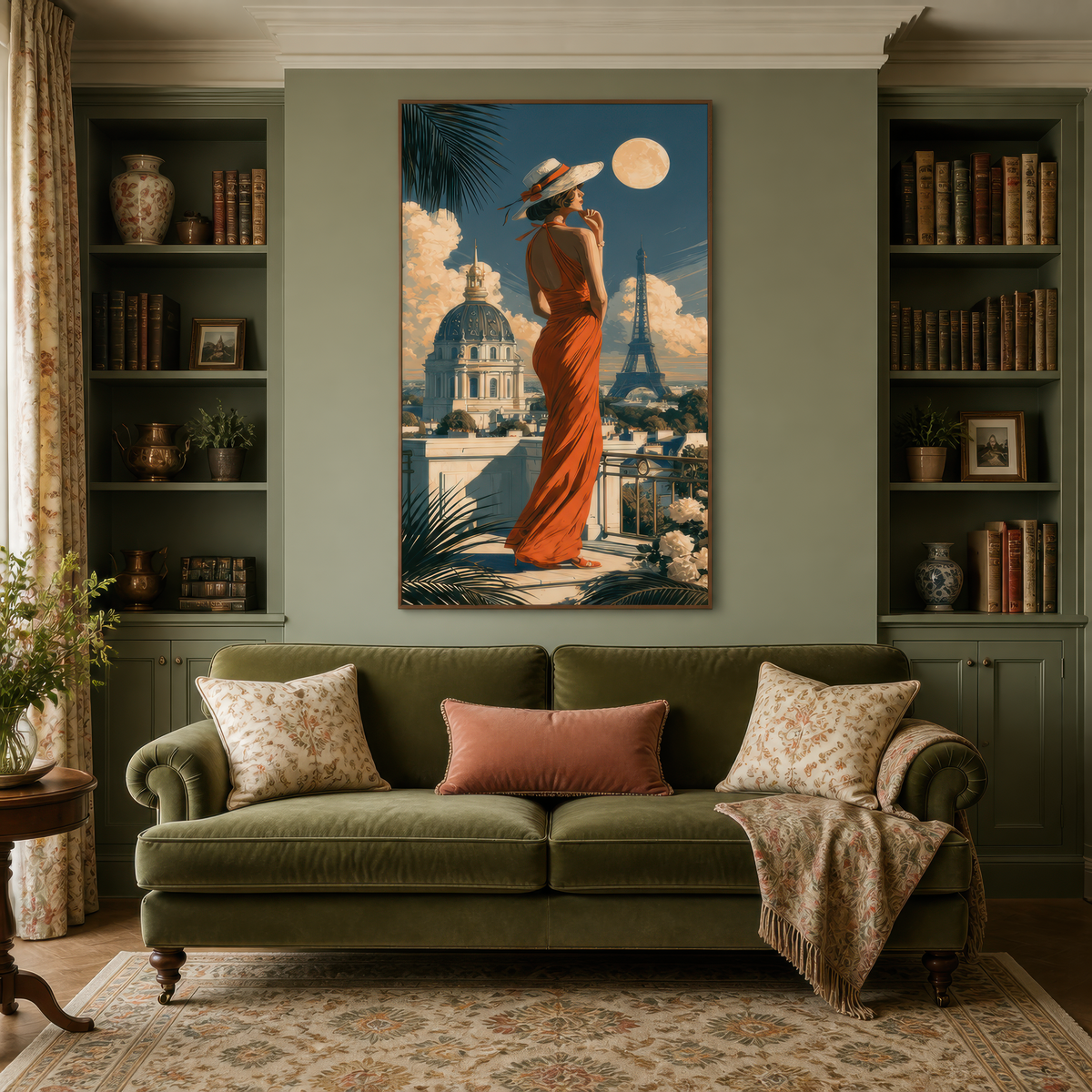 Parisian Balcony at Moonrise wall art print staged in a room
