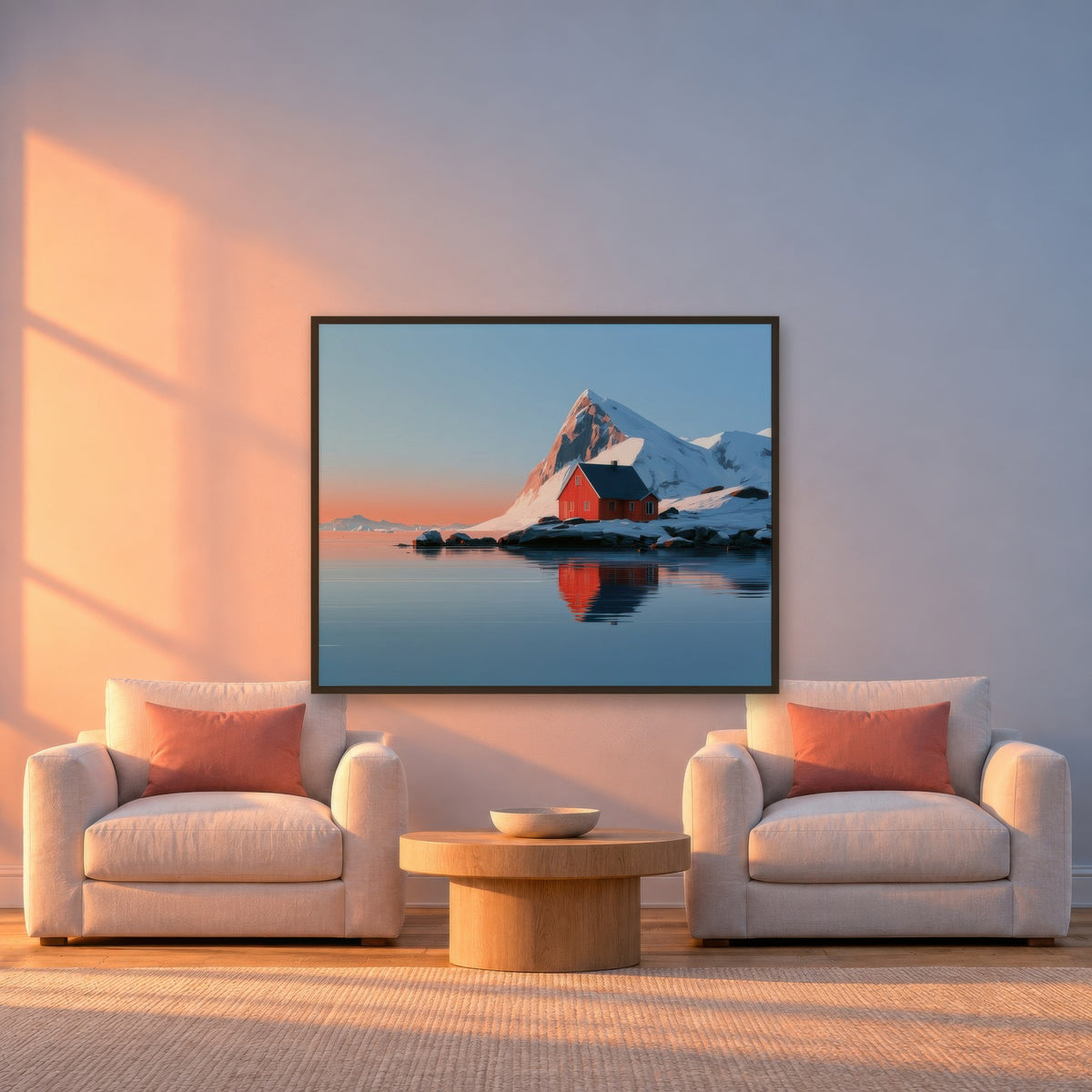 Fjord Cabin at Sunset scandinavian wall art in a den